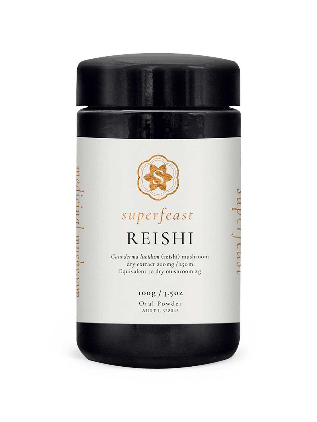 A black jar of Superfeast Reishi 100g Powder with a screw-top lid, labeled as Ganoderma lucidum (reishi) extract and dry mushroom equivalence, known for immune system support. Contains 100g of oral Reishi mushroom powder.