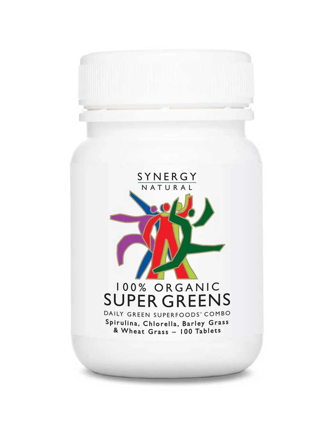 Synergy Natural 100% Organic Super Greens supplement container on a white background