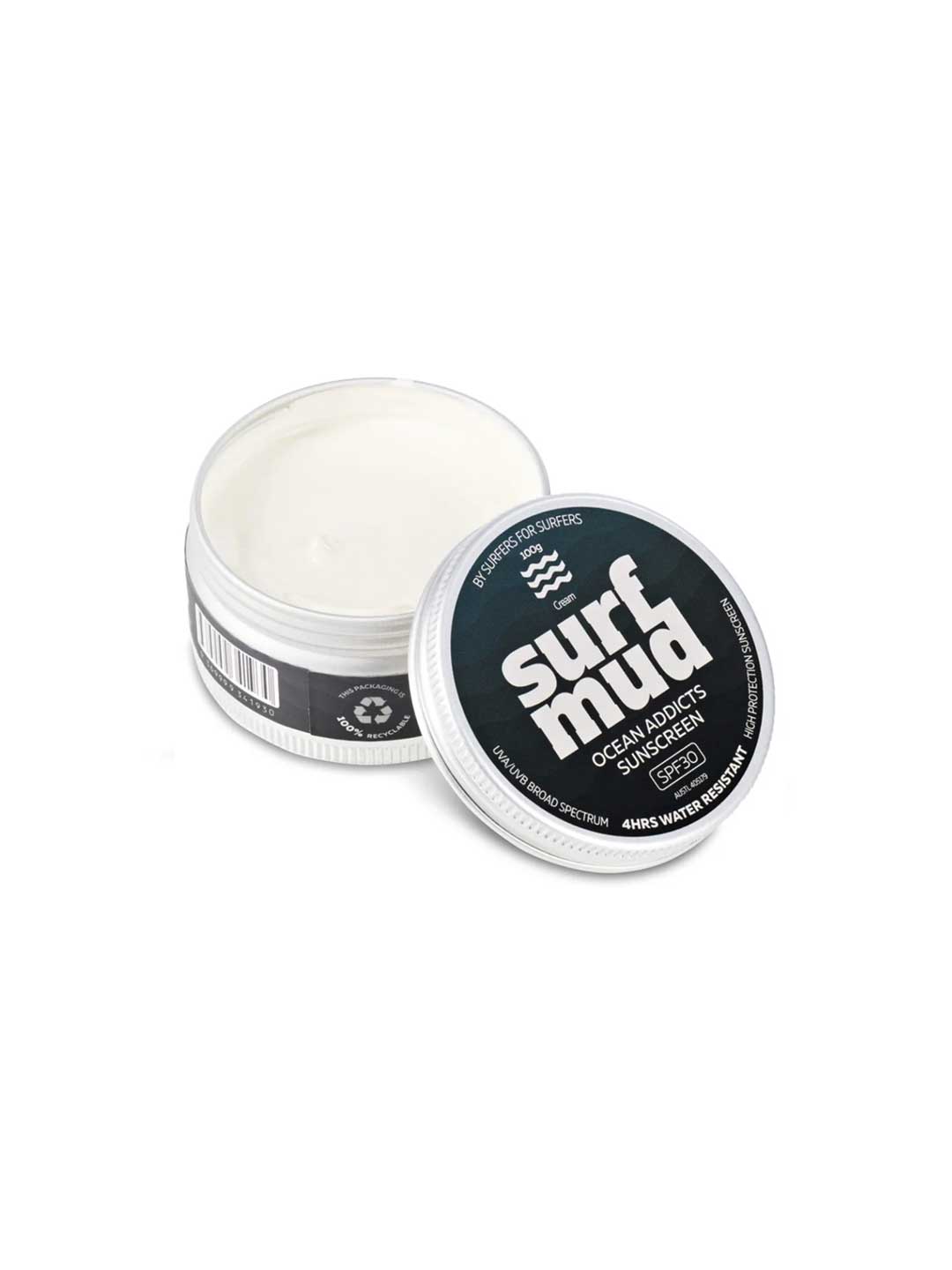 A 100g tin of Surfmud Ocean Addicts Sunscreen SPF 30 sits open on a white background, showing the mineral cream inside with the lid placed beside it.
