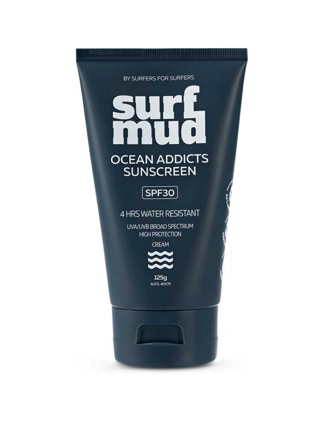 Surfmud Ocean Addicts Sunscreen SPF30 125g tube on a white background