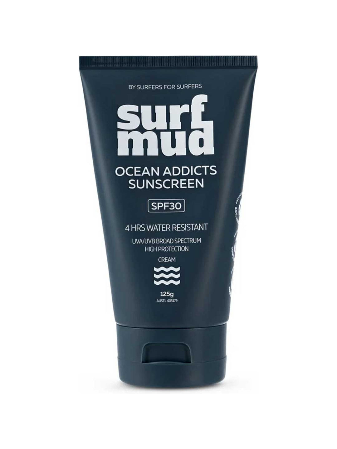 Surfmud Ocean Addicts Sunscreen SPF30 125g tube on a white background