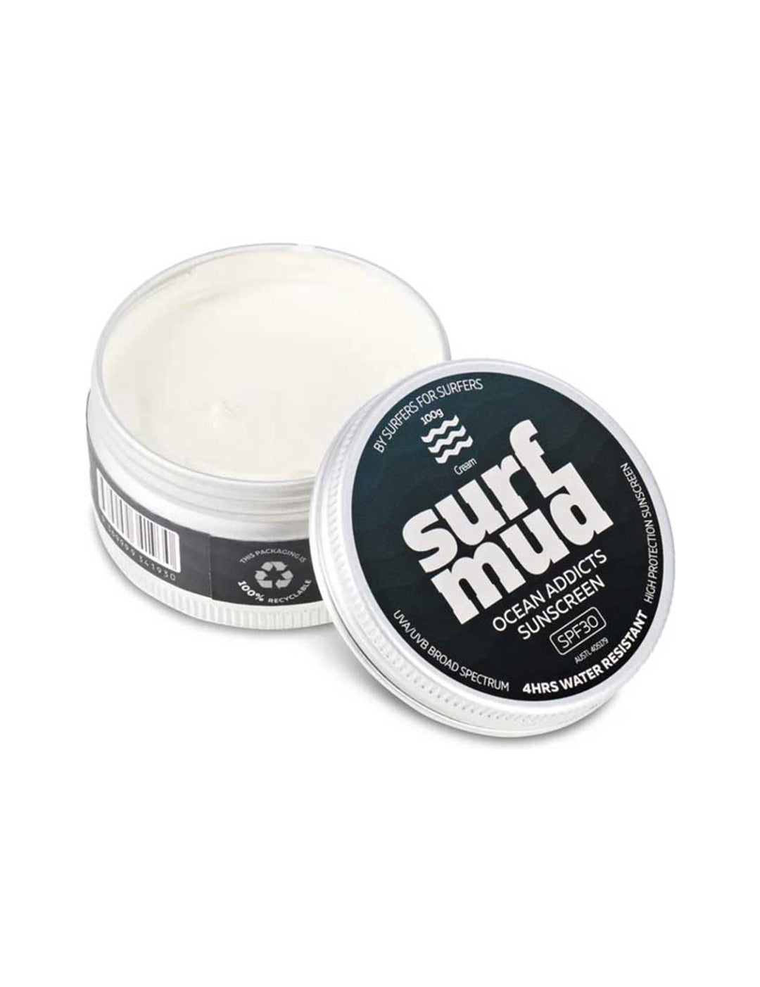 Surfmud Ocean Addicts Sunscreen SPF30 100g open tin on a white background