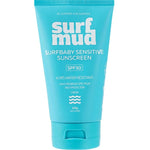 Bright turquoise Surfmud Surfbaby Sensitive SPF30 sunscreen tube standing on its matching flip-top cap, with bold stacked white 'surf mud' lettering above the product details.