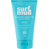 Bright turquoise Surfmud Surfbaby Sensitive SPF30 sunscreen tube standing on its matching flip-top cap, with bold stacked white 'surf mud' lettering above the product details.