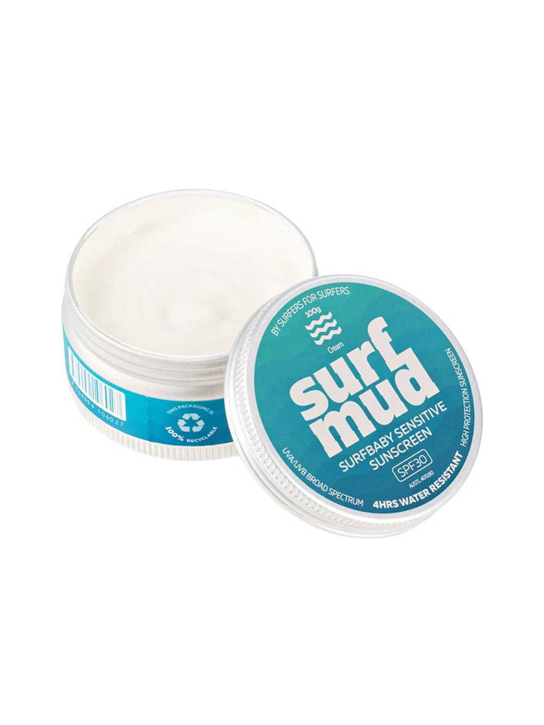 Surfmud Surfbaby Sensitive Sunscreen SPF30 100g open tin on a white background