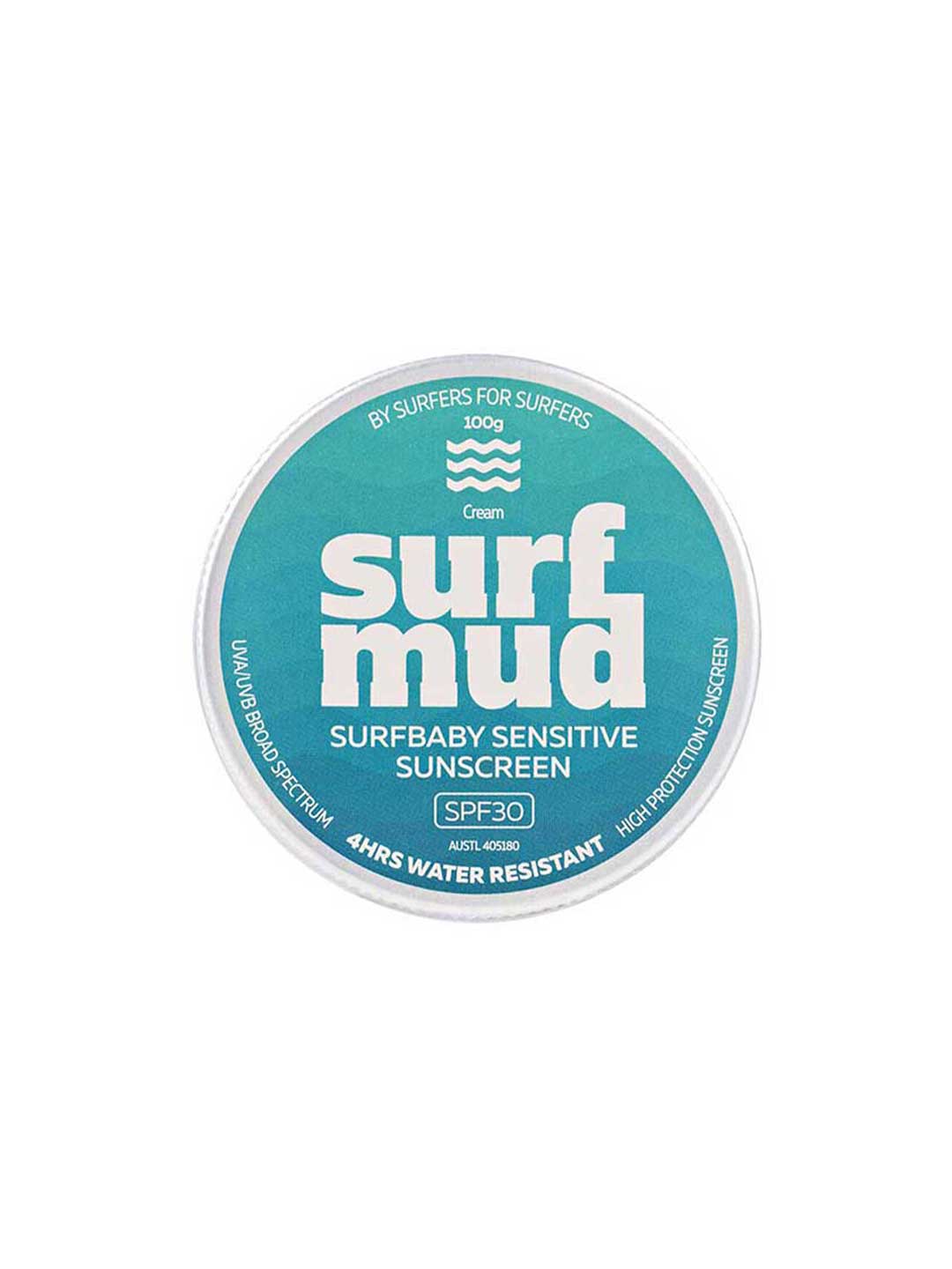 A round tin labeled "Surfmud Surfbaby Sensitive Sunscreen SPF30 Tin" offers water resistant, broad spectrum protection for sensitive skin in a 100g size, set against a teal background.