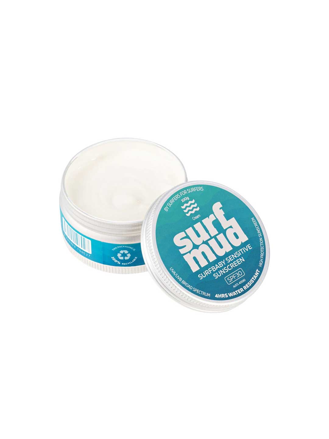 An open tin of Surfmud Surfbaby Sensitive Sunscreen SPF30 (100g) with the teal lid off to the side, showing white cream inside. The plastic-free tin highlights this sensitive sunscreen's gentle formula.