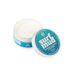 An open tin of Surfmud Surfbaby Sensitive Sunscreen SPF30 (100g) with the teal lid off to the side, showing white cream inside. The plastic-free tin highlights this sensitive sunscreen's gentle formula.