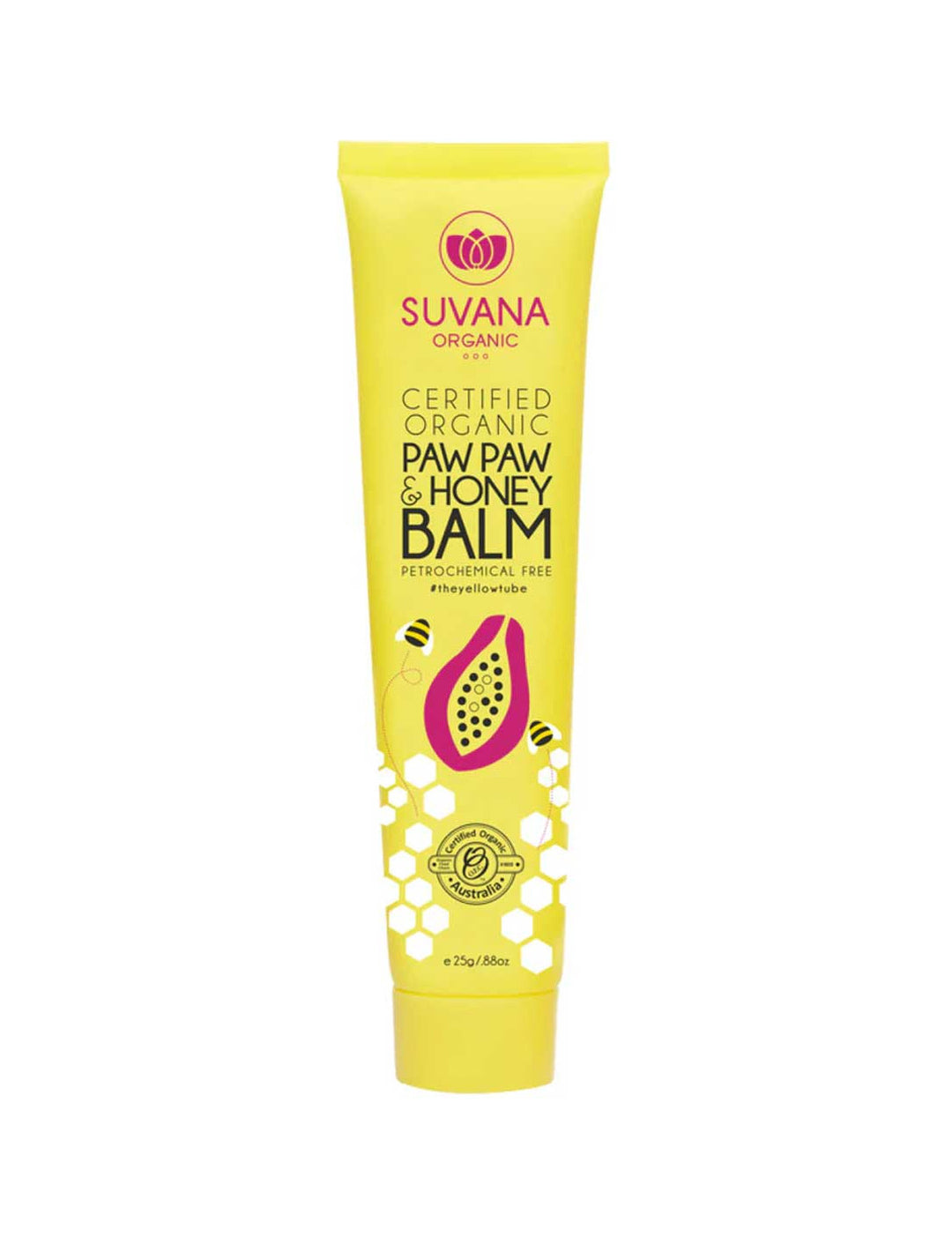 Suvana Organic Paw Paw and Honey Lip Balm 25g tube on a white background