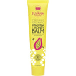 Slim bright-yellow Suvana Paw Paw and Honey lip balm tube with a yellow cap at the base, a pink pawpaw illustration and white honeycomb shapes below the lettering.