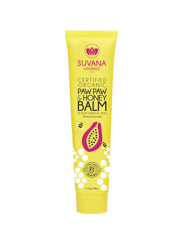 Slim bright-yellow Suvana Paw Paw and Honey lip balm tube with a yellow cap at the base, a pink pawpaw illustration and white honeycomb shapes below the lettering.