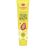A yellow tube of Suvana Organic Paw Paw & Honey Lip Balm 25g features honeycomb, bees, and papaya graphics. The text highlights this natural, petrochemical-free lip balm as certified organic.