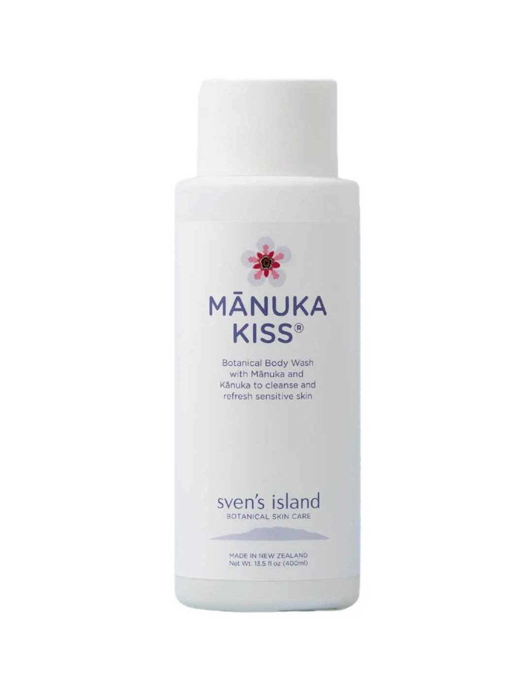 Sven's Island Manuka Kiss Gentle Barrier Body Wash 400ml bottle, a soap-free wash with organic mānuka and kānuka leaf oils for skin prone to eczema and dermatitis