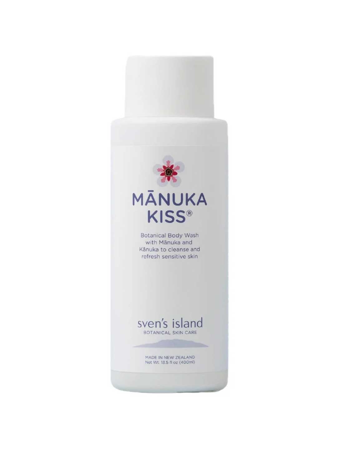 Sven's Island Manuka Kiss Gentle Barrier Body Wash 400ml bottle, a soap-free wash with organic mānuka and kānuka leaf oils for skin prone to eczema and dermatitis