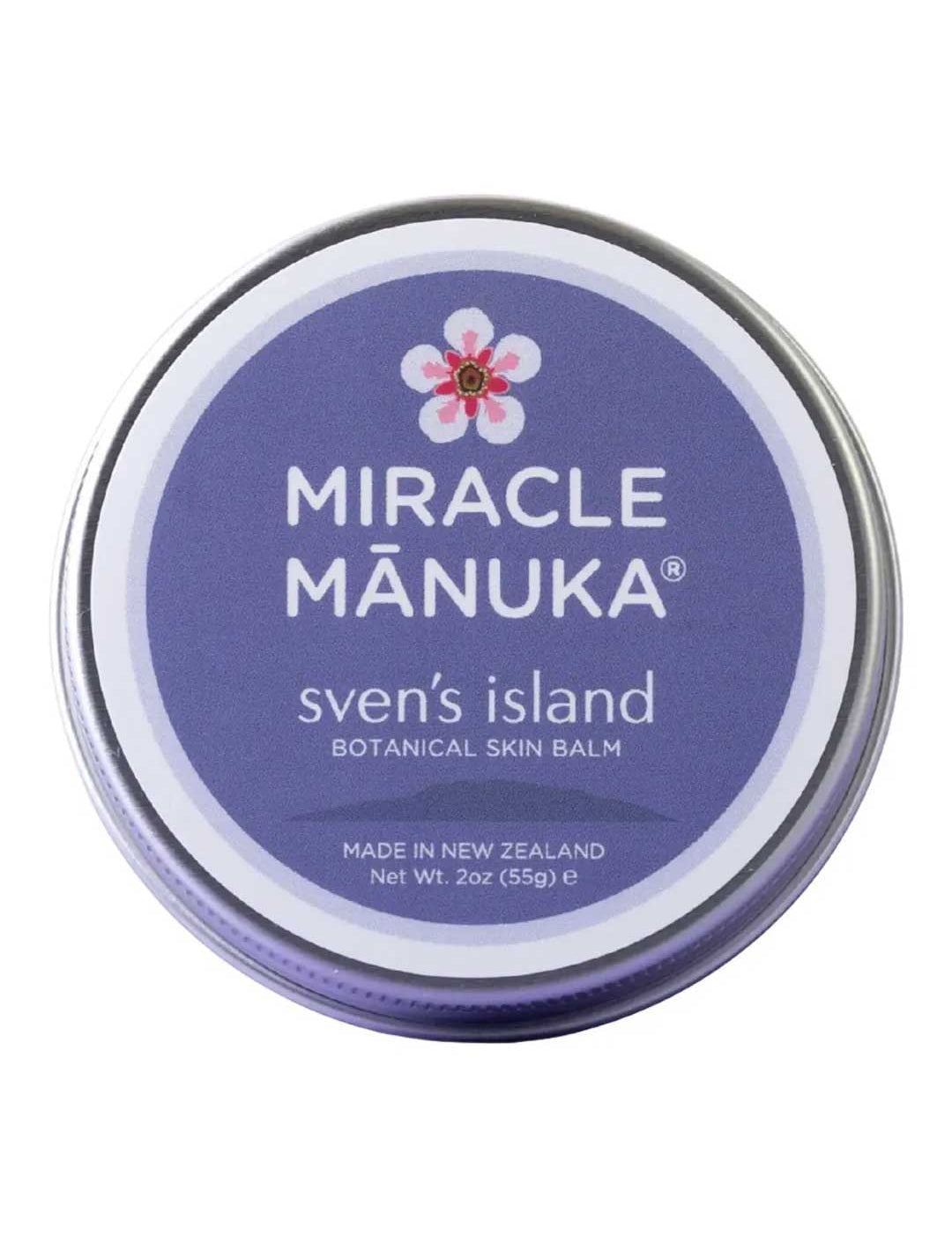 Sven's Island Miracle Manuka Flare Relief Balm, a steroid-free balm with organic mānuka and kānuka leaf oils and shea butter for red, itchy skin
