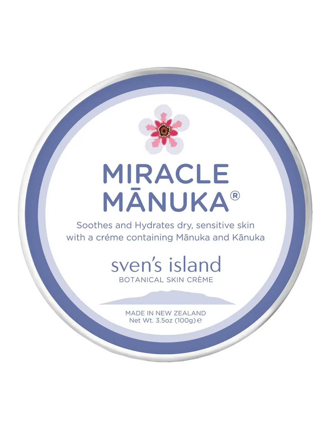 Sven's Island Miracle Manuka Daily Defence Cream jar, a rich everyday moisturiser with organic mānuka and kānuka leaf oils and shea butter for dry, sensitive skin