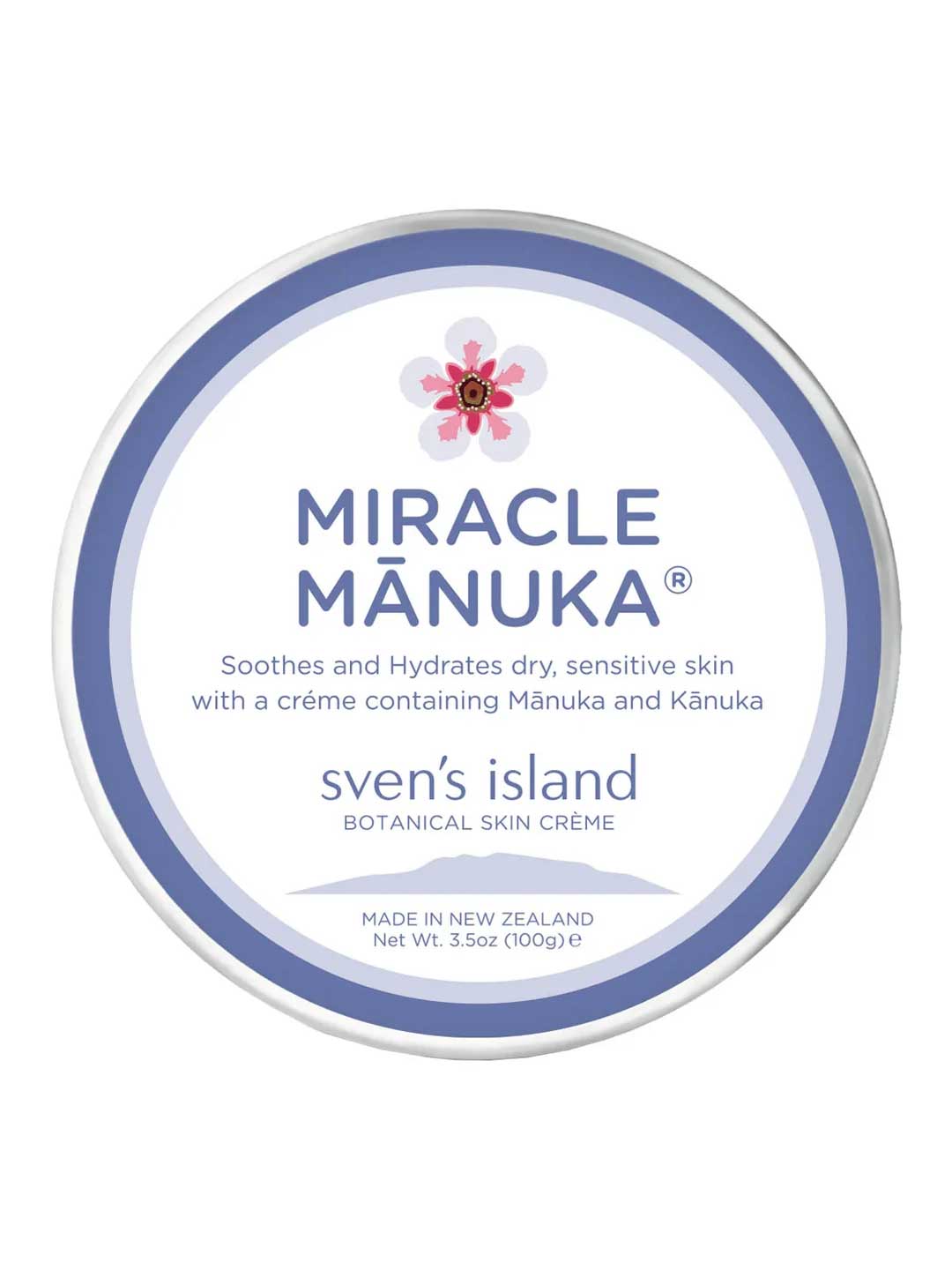 Sven's Island Miracle Manuka Daily Defence Cream jar, a rich everyday moisturiser with organic mānuka and kānuka leaf oils and shea butter for dry, sensitive skin