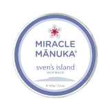 Sven's Island Miracle Manuka Flare Relief Balm 100g closed tin on a white background