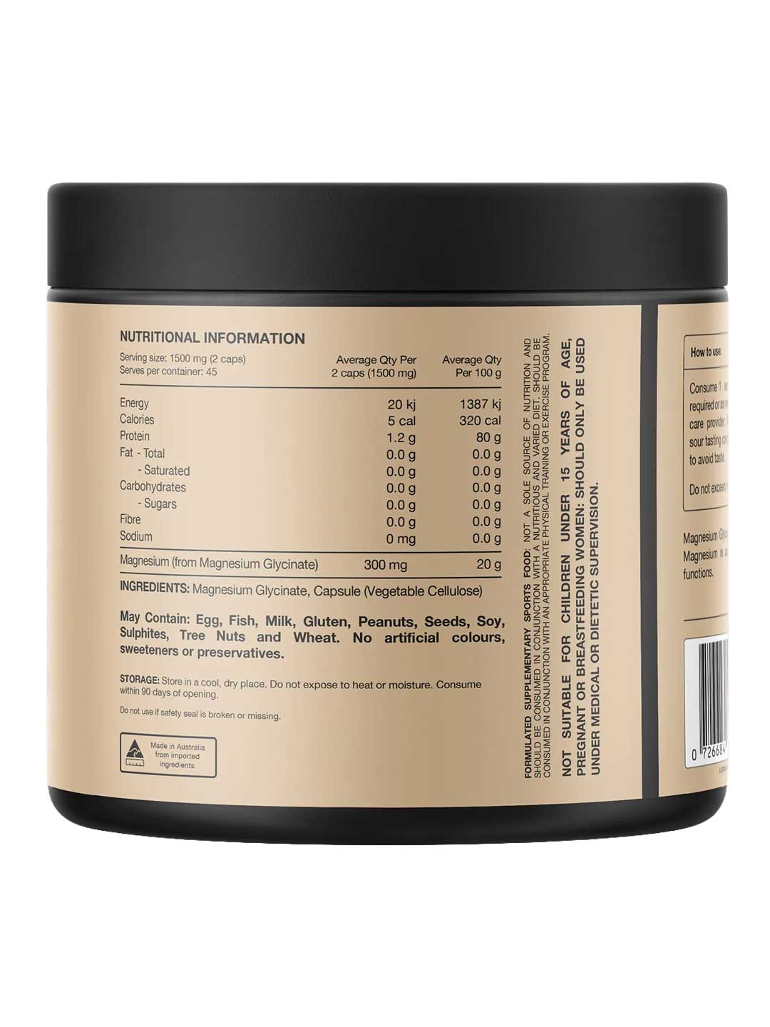 Back view of a black and beige supplement tub showing the nutritional information label, with a barcode on the right side.
