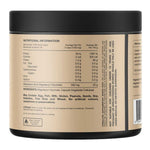 Back view of a black and beige supplement tub showing the nutritional information label, with a barcode on the right side.