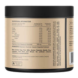 Back view of a black and beige supplement tub showing the nutritional information label, with a barcode on the right side.
