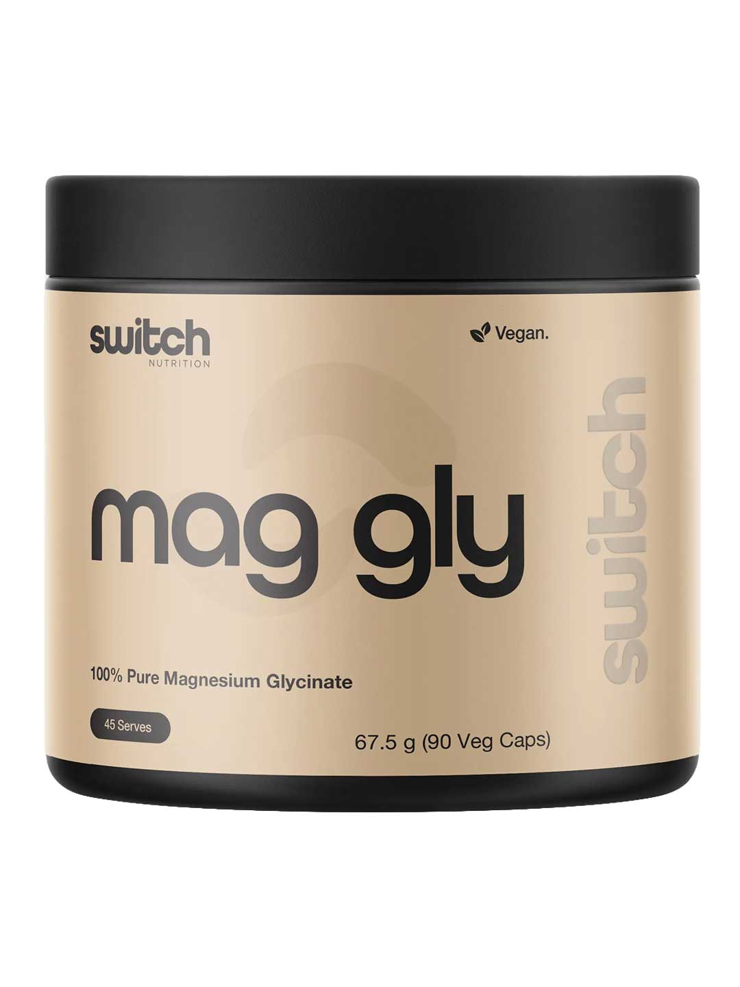 A beige and black plastic tub of Switch Nutrition Mag Gly, featuring a black lid and a beige label with black text, on a solid white background.