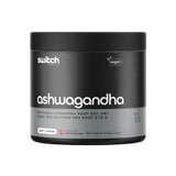 Switch Nutrition Ashwagandha Capsules come in a black container with 60 vegan capsules, each providing 300 mg ashwagandha root extract for stress relief and adrenal health. The label features vegan and certification symbols.