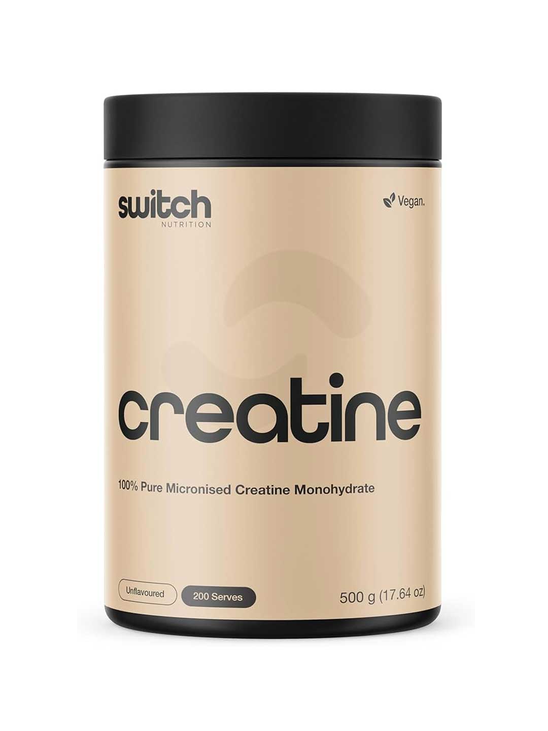 A beige container of Switch Nutrition Creatine Monohydrate 500g, vegan and unflavoured, provides 200 servings (17.64 oz) of micronised strength supplement.