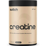 A beige container of Switch Nutrition Creatine Monohydrate 500g, vegan and unflavoured, provides 200 servings (17.64 oz) of micronised strength supplement.