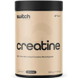 A beige container of Switch Nutrition Creatine Monohydrate 500g, vegan and unflavoured, provides 200 servings (17.64 oz) of micronised strength supplement.