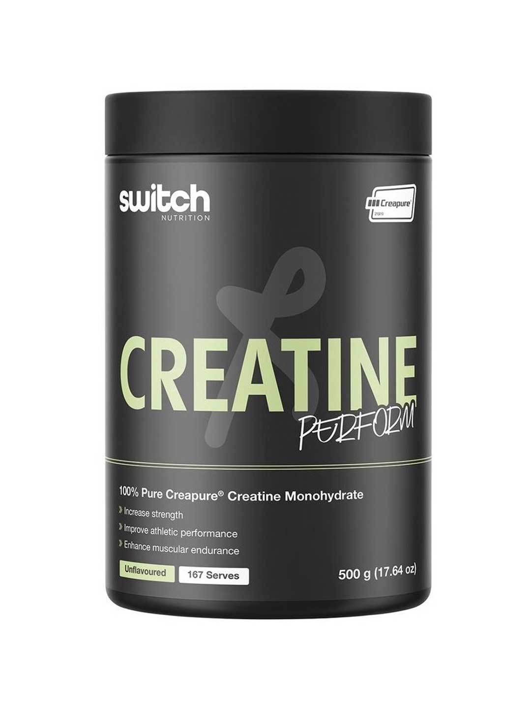 Switch Nutrition Creatine Perform 100% Pure Creapure 500g is an unflavoured black container delivering 167 servings of premium creatine monohydrate, designed to support strength and endurance—perfect for effective creatine supplementation.