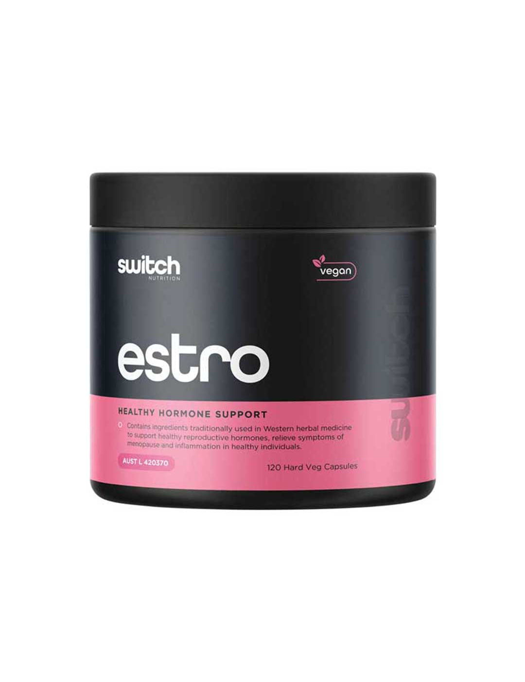 Switch Nutrition Estro Healthy Hormone Support 120 Caps comes in a black and pink container with 120 vegan capsules, offering herbal support for female hormonal balance, reproductive health, and relief from symptoms of imbalance and inflammation.