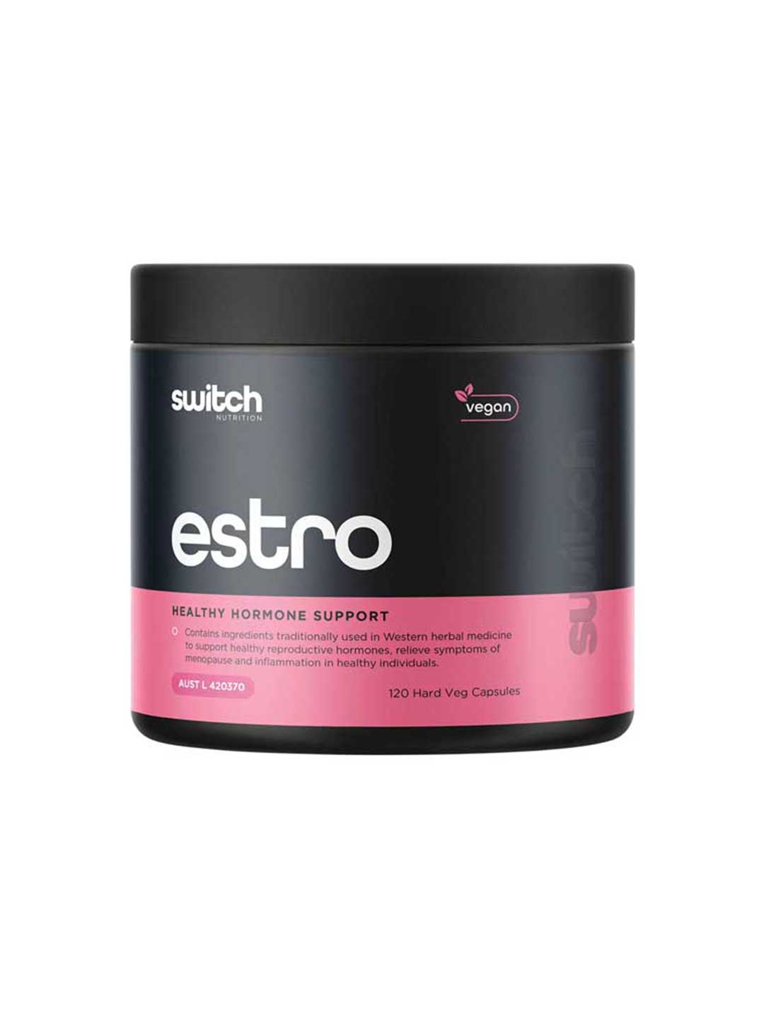 Switch Nutrition Estro Healthy Hormone Support 120 Caps comes in a black and pink container with 120 vegan capsules, offering herbal support for female hormonal balance, reproductive health, and relief from symptoms of imbalance and inflammation.