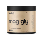 A beige and black container of Switch Nutrition Magnesium Glycinate 90 Capsules, featuring 100% pure Magnesium Glycinate for muscle relaxation and stress relief. Contains 45 serves (67.5g, 90 vegan-friendly capsules).