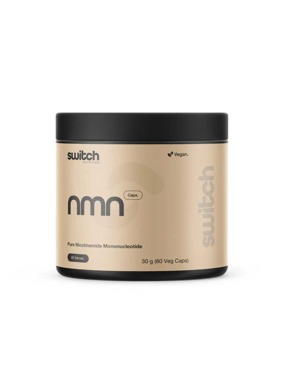 A beige and black container labeled Switch Nutrition NMN (Nicotinamide Mononucleotide) 60 caps. This vegan supplement supports healthy ageing and cellular energy, containing 60 vegetable capsules (30g) for 60 servings. Brand: Switch Nutrition.