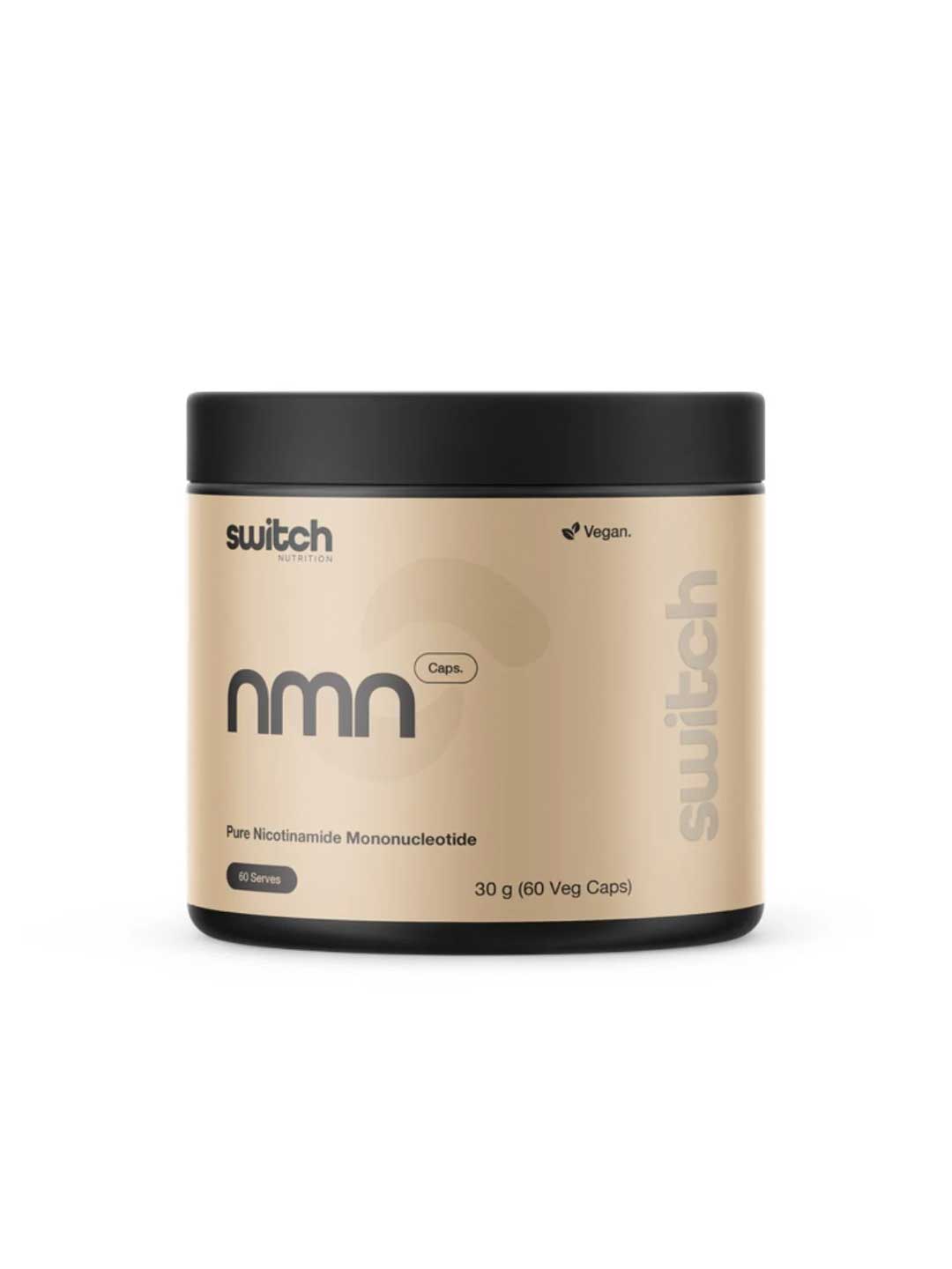 A beige and black container labeled Switch Nutrition NMN (Nicotinamide Mononucleotide) 60 caps. This vegan supplement supports healthy ageing and cellular energy, containing 60 vegetable capsules (30g) for 60 servings. Brand: Switch Nutrition.
