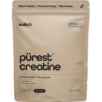 A beige pouch labeled Switch Nutrition Purest® Creatine Monohydrate 500g contains pure creatine monohydrate powder and displays Batch Tested, Premium Purity, and 167 Serves on the packaging.