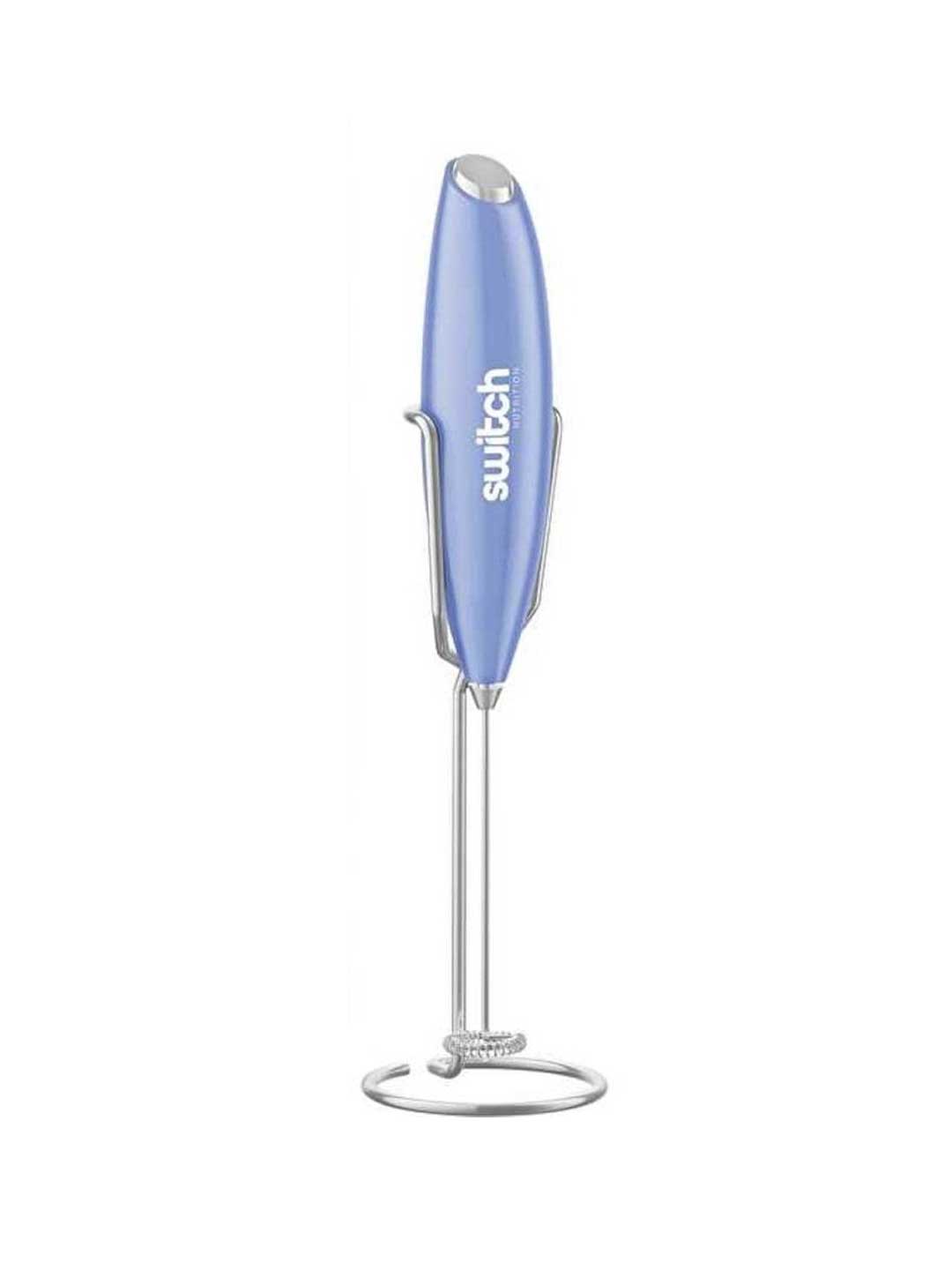 The Switch Nutrition Whiz Stick Electric Mixer in purple is a handheld, portable device with a metal whisk, stand, and "switch" on the handle—ideal for blending supplement powders. Shown upright on a white background.