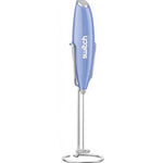The Switch Nutrition Whiz Stick Electric Mixer in purple is a handheld, portable device with a metal whisk, stand, and "switch" on the handle—ideal for blending supplement powders. Shown upright on a white background.