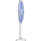 The Switch Nutrition Whiz Stick Electric Mixer in purple is a handheld, portable device with a metal whisk, stand, and "switch" on the handle—ideal for blending supplement powders. Shown upright on a white background.