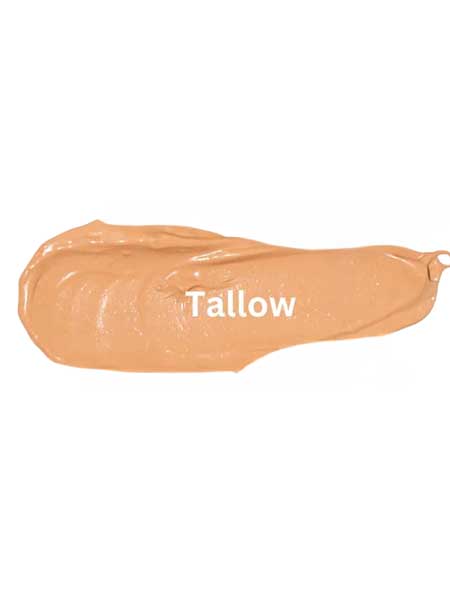 A smear of beige Eco Minerals Mineral BB Cream 32ml on a white background with “Tallow” in white text, suggesting SPF12 protection.