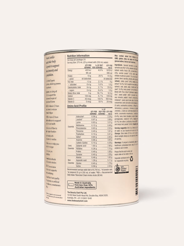 Back label of The Beauty Chef Body Wellness Vanilla