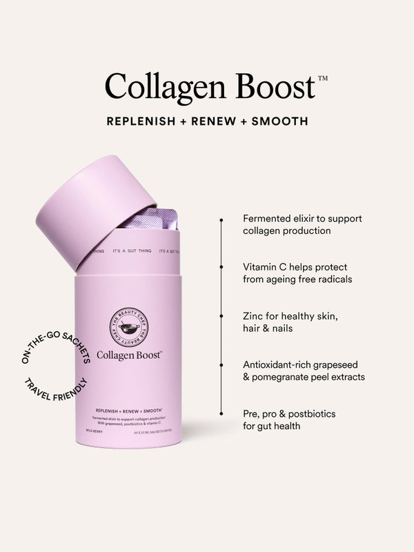 Key benefits panel for The Beauty Chef Collagen Boost sachets