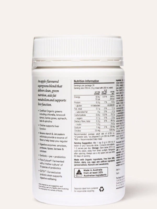 Back label of The Beauty Chef Daily Supergreens Apple
