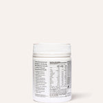 Rear view of the white The Beauty Chef Glow Ageless jar beneath its ribbed white lid, showing a nutrition table, serving instructions and product information in small black print.
