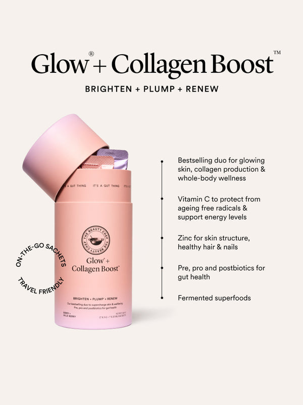 Key benefits panel for The Beauty Chef Glow and Collagen Boost sachets