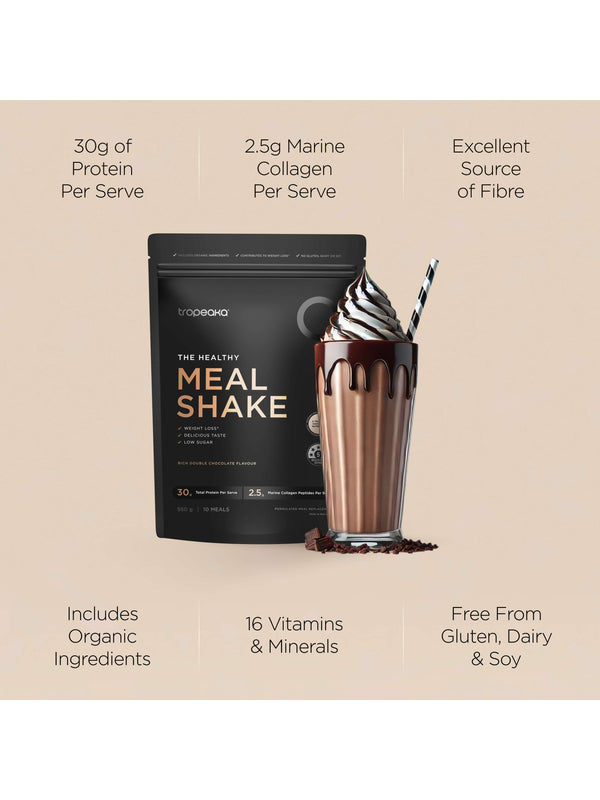 Nutritional information panel for Tropeaka The Healthy Meal Shake Rich Double Choc