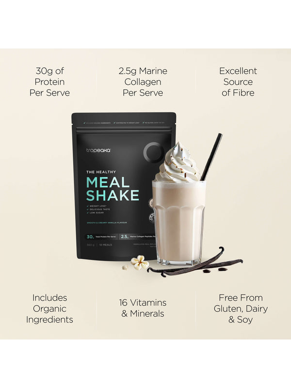 Nutritional information panel for Tropeaka Meal Shake Smooth and Creamy Vanilla