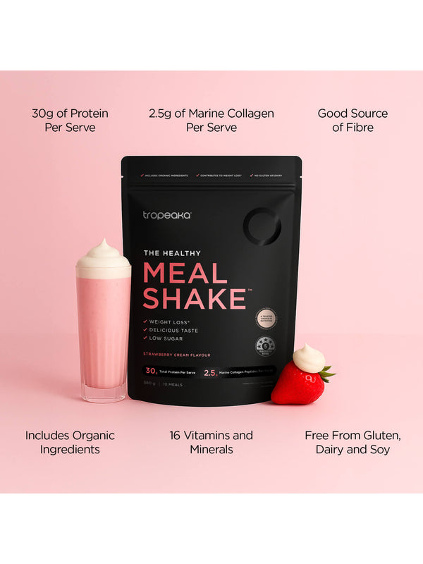 Product information panel for Tropeaka The Healthy Meal Shake Strawberry Cream