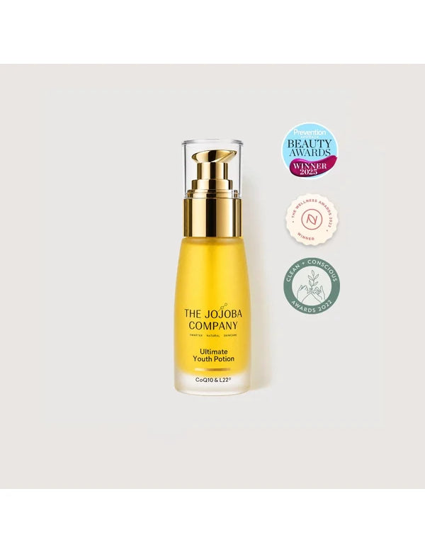 The Jojoba Company Ultimate Youth Potion 50ml bottle with gold pump and award badges